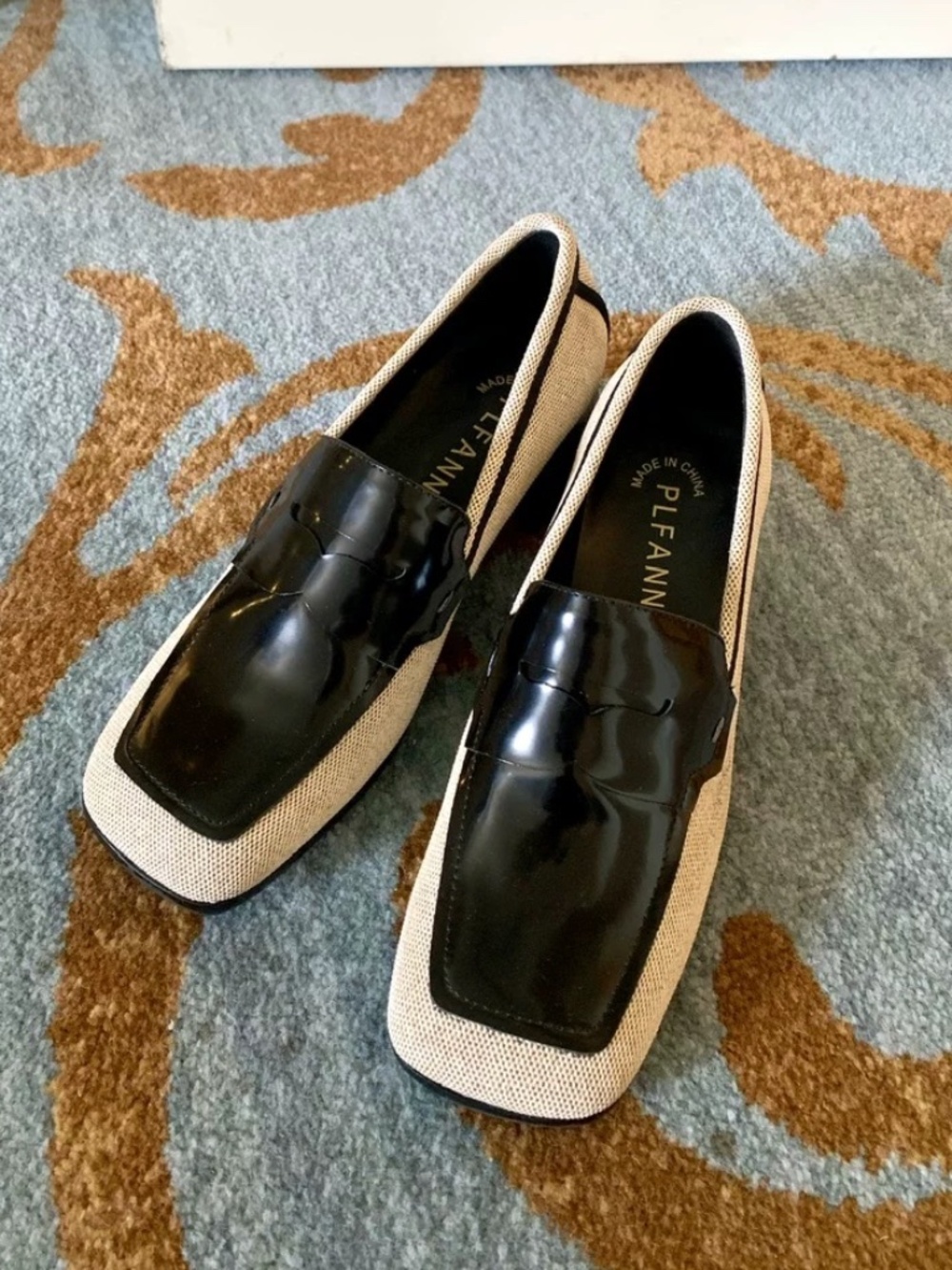 Linen Canvas and Leather Square-Toe Loafers with Block Heel